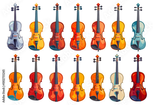 Violin set. Cartoon violins, music string instrument wood fiddle orchestra sound classical melody equipment wooden acoustic symphony antique viola vector illustration