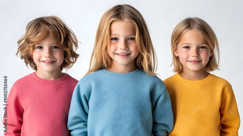 Three Cheerful Children Posing Together with Friendly Smiles in Colorful Casual Clothing Three Cheerful Children Posing Together with Friendly Smiles in Colorful Casual Clothing