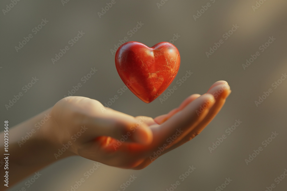 the concept of helping people with health problems, charity help for treatment, 3D heart floating above an open hand symbolizing a like or love reaction the concept of helping people with health problems, charity help for treatment, 3D heart floating above an open hand symbolizing a like or love reaction