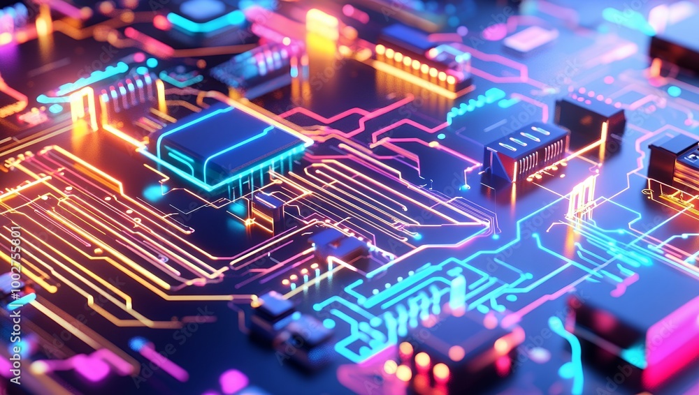 Close-up of a circuit board with glowing lines. Close-up of a circuit board with glowing lines.