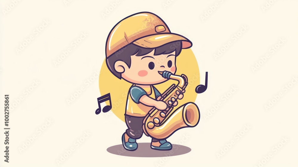 Cute cartoon boy wearing a yellow hat playing a saxophone. Cute cartoon boy wearing a yellow hat playing a saxophone.