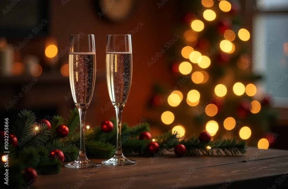 Two glasses of champagne with New Year's decor on the table against a bokeh background Two glasses of champagne with New Year's decor on the table against a bokeh background