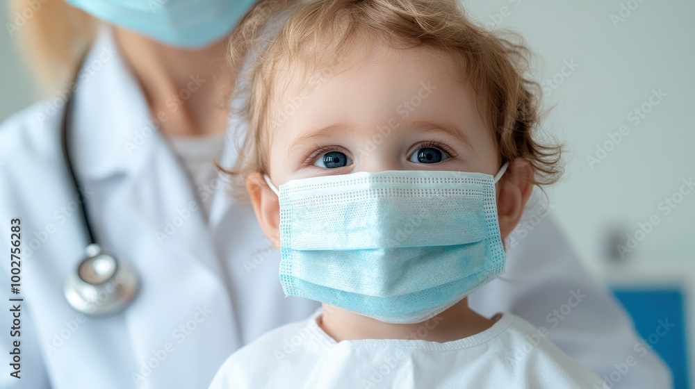 Child in medical mask at doctor's office, looking at camera with hopeful expression. Child in medical mask at doctor's office, looking at camera with hopeful expression.