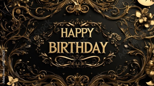 Golden "Happy Birthday" greeting with elegant floral swirls on a black background.