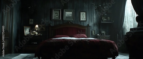 Dark and moody bedroom with antique furniture and framed pictures. photo