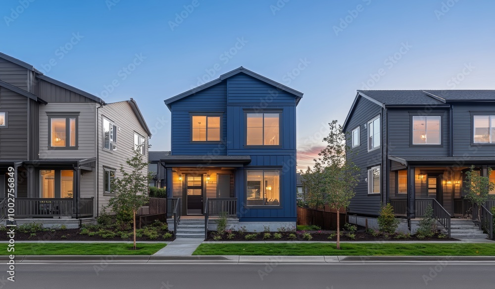Obraz premium At Twilight: New House with Beautiful Yard and Landscaping and Luminous Interior Lighting