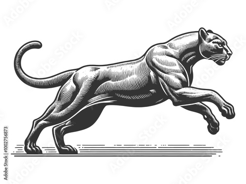 Jumping running panther, emphasizing its muscular build and agility. Tattoo design sketch engraving generative ai vector illustration. Scratch board imitation. Black and white image.