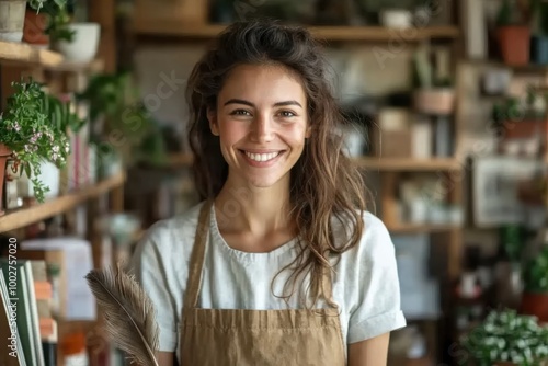 A happy woman holds a feather duster in a cozy plant shop, surrounded by greenery, conveying warmth and a passion for plants and interior decor aesthetics.