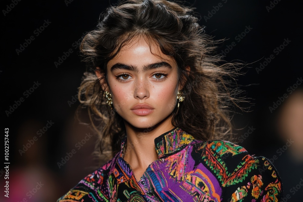 A young model strikes a pose with dynamic hair and bold patterned clothing, radiating youthful exuberance and a keen sense of high-fashion style on the catwalk. A young model strikes a pose with dynamic hair and bold patterned clothing, radiating youthful exuberance and a keen sense of high-fashion style on the catwalk.