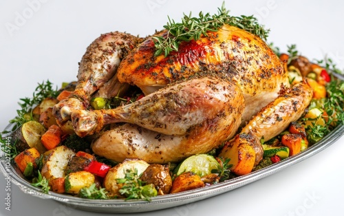 browned turkey on an elegant serving platter. Christmas dinner or Thanksgiving dinner. Roasted turkey with vegetables on a platter. roasted whole chicken laying on top of a pile of Brussels sprouts