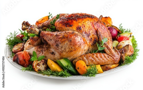 browned turkey on an elegant serving platter. Christmas dinner or Thanksgiving dinner. Roasted turkey with vegetables on a platter. roasted whole chicken laying on top of a pile of Brussels sprouts