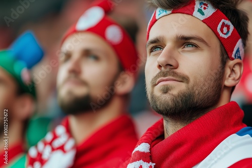 Man with glasses and a red hat is looking up. Another man with a red hat is standing behind him. white male polish fans watching tense game and cant believe that player score a goal photo