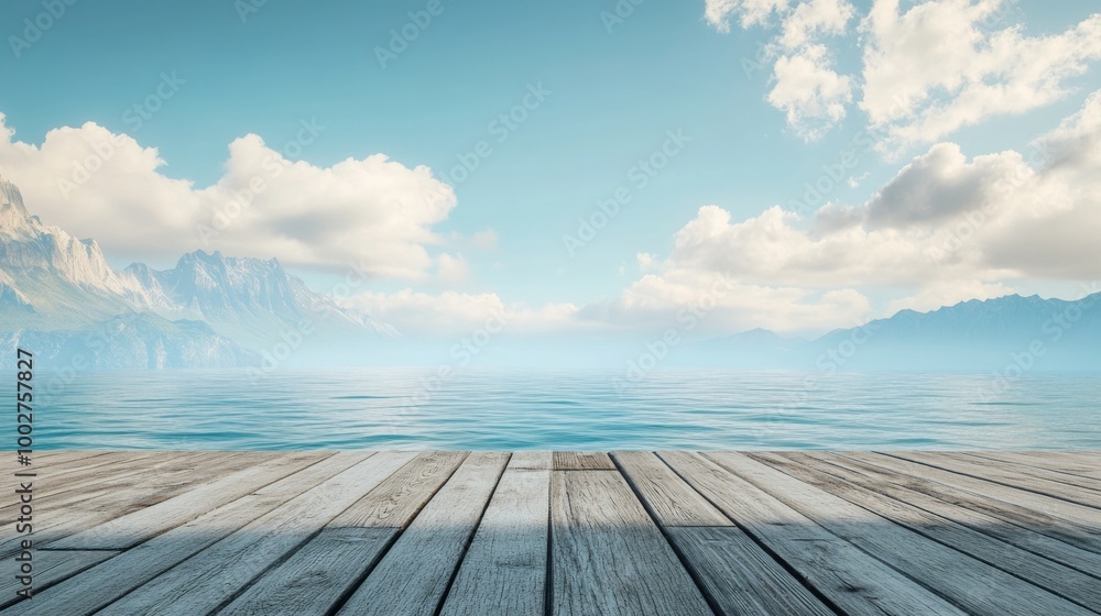 Perspective from a wooden platform without railings, facing an endless ocean Perspective from a wooden platform without railings, facing an endless ocean