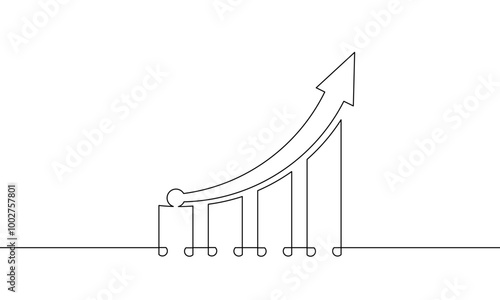 Continuous one line drawing of graph with increasing arrow up. Bar chart sign symbol. Illustration vector of business growth icon. Single line art