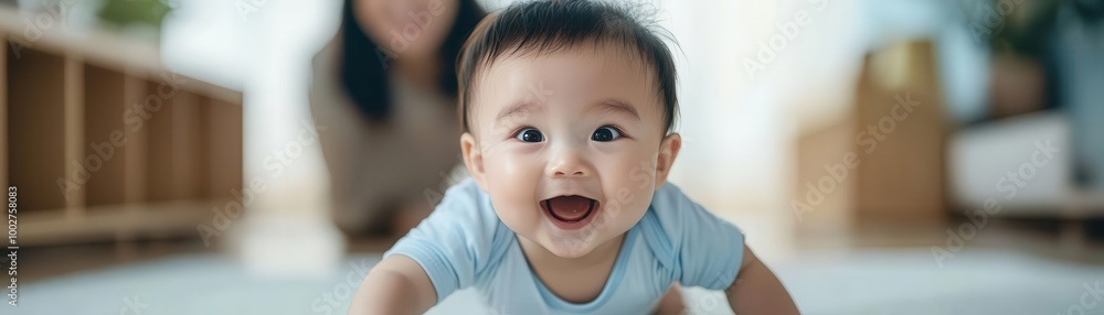 Happy baby crawling on floor, bright room, playful atmosphere, joyful expression. Happy baby crawling on floor, bright room, playful atmosphere, joyful expression.