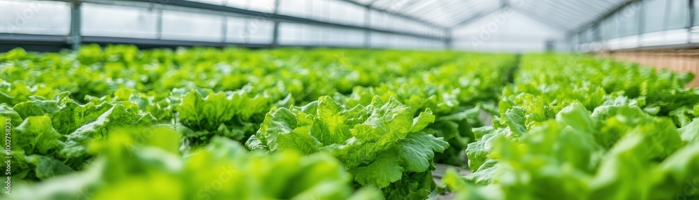 Lush green lettuce rows in a greenhouse, illuminated by natural light. Lush green lettuce rows in a greenhouse, illuminated by natural light.