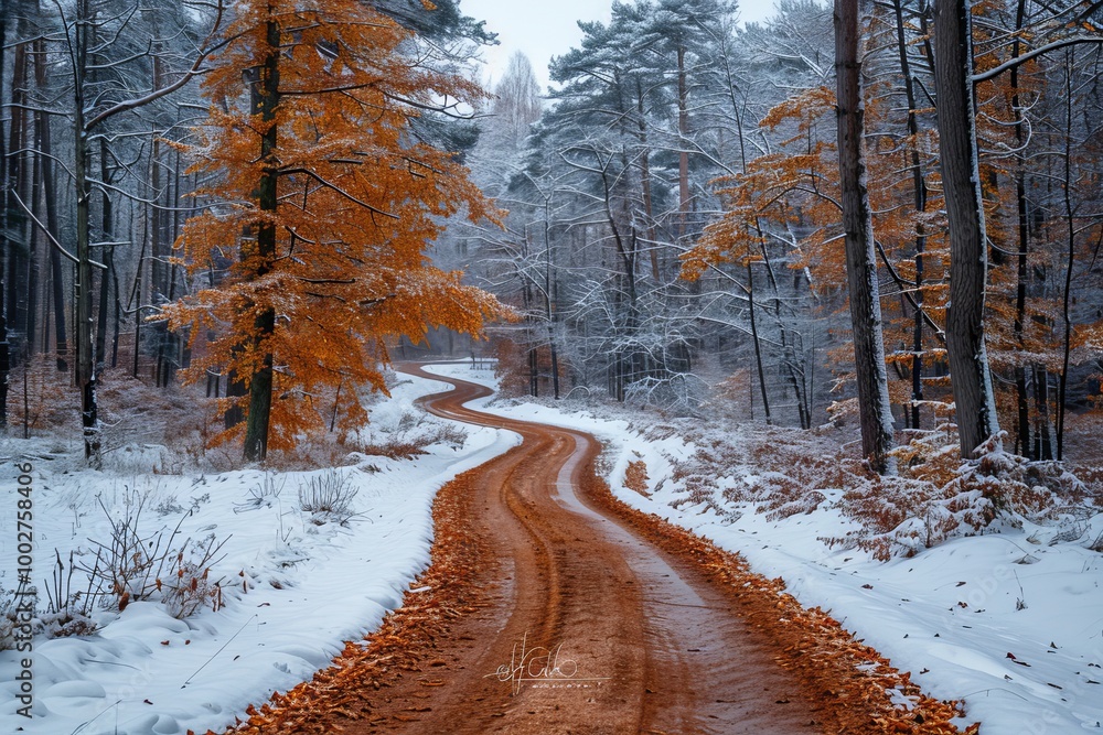 A frosty trail winding through a snow covered forest of tall trees and icy conditions A frosty trail winding through a snow covered forest of tall trees and icy conditions