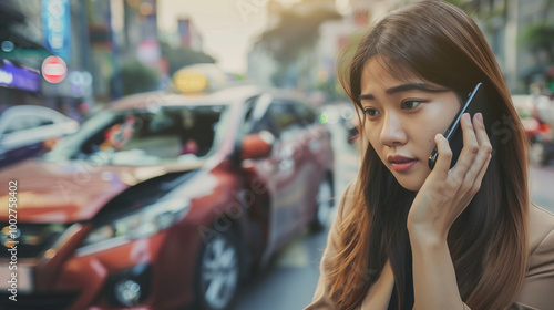 Concerned woman talking on the phone in front of a damaged car after a traffic accident. Road safety and emergency concepts. photo