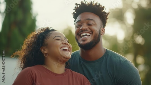 Joyful couple laughing together outdoors, capturing a moment of happiness and connection.