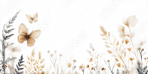 Fototapeta Naklejka Na Ścianę i Meble -  Minimalist watercolor painting of dried flowers, featuring ferns and butterflies in muted earthy tones on a white background. Dreamlike composition with soft edges and subtle shading.
