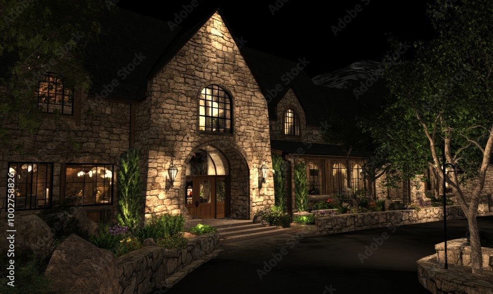 Modern cozy clinker house with garage and pool for sale or rent. Beautiful landscaping in the background. Clear summer night with many stars. Modern cozy clinker house with garage and pool for sale or rent. Beautiful landscaping in the background. Clear summer night with many stars.