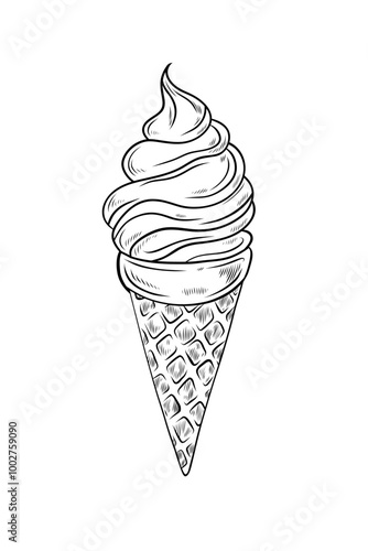 Vector ice cream linear black and white drawing. Illustration of ice cream in a cone in doodle style. Hand drawn graphic, EPS 10