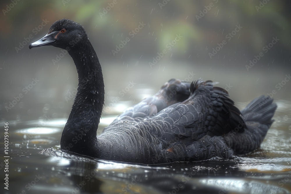 Fototapeta premium Artistic image of a black swan gracefully floating on water with high contrast and grainy texture