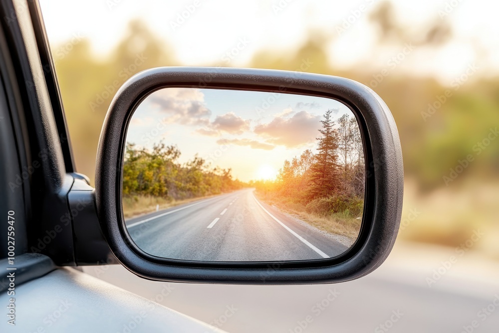 Rearview mirror reflecting sunset over a serene open road. Rearview mirror reflecting sunset over a serene open road.