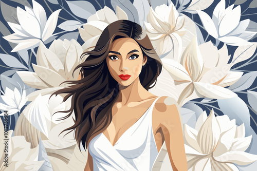 Beautiful woman in white dress posing against a background of white paper flowers.