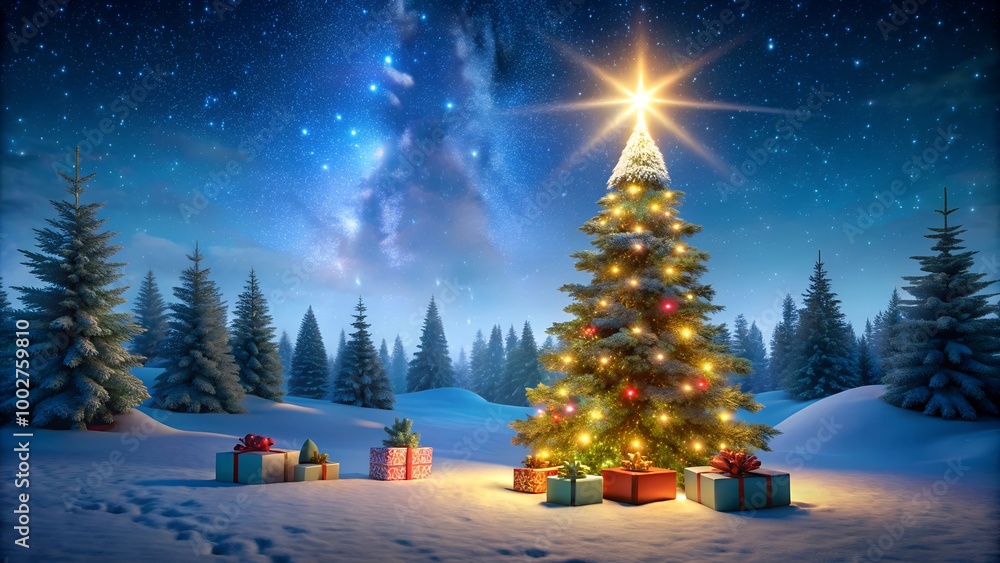 Obraz premium Illuminated Christmas Tree with Star Topper Under Starry Night Sky | Snowy Forest Winter Scene with Colorful Gift Boxes