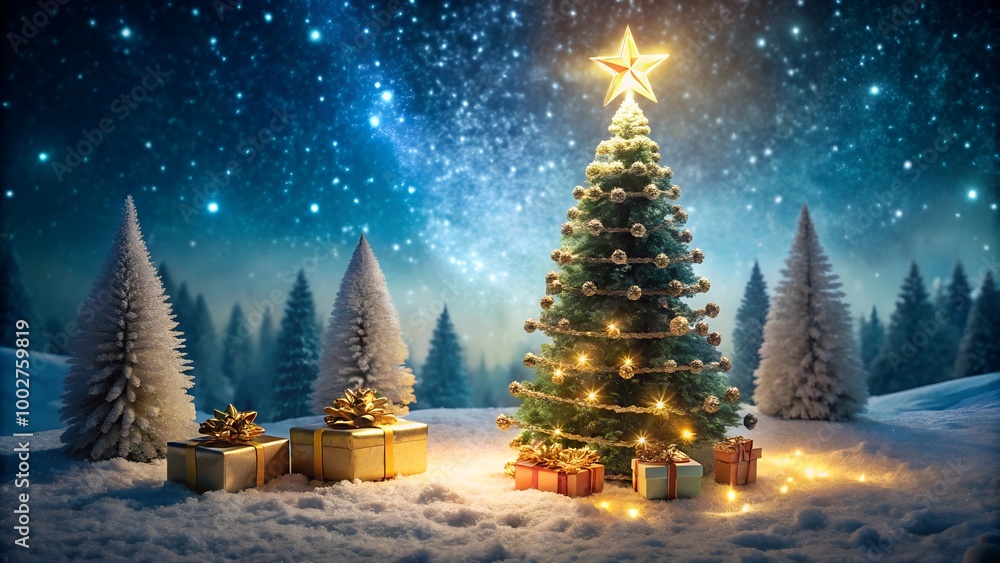 Obraz premium Enchanted Christmas Tree with Star Topper in Snowy Winter Forest | Illuminated Holiday Scene with Wrapped Gifts Under Starlit Night Sky