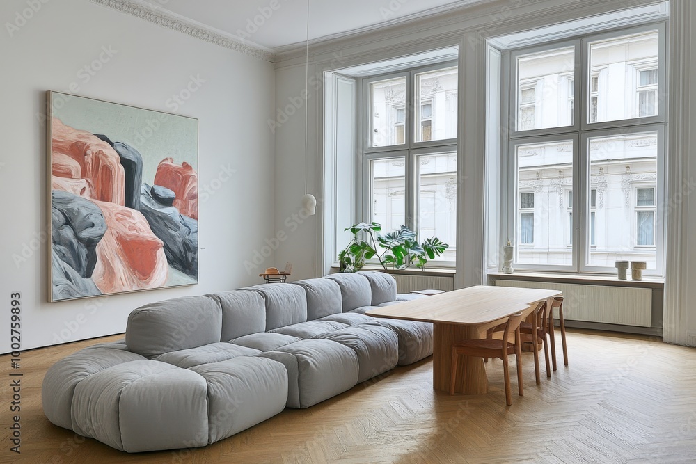 Modern Scandinavian living room with design furniture, plants, bamboo book stands, wooden desk and brown wooden parquet. White walls with abstract painting. Modern interior design. Modern Scandinavian living room with design furniture, plants, bamboo book stands, wooden desk and brown wooden parquet. White walls with abstract painting. Modern interior design.