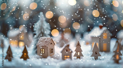 Miniature Christmas houses and trees with snow, New Year holiday greeting concept