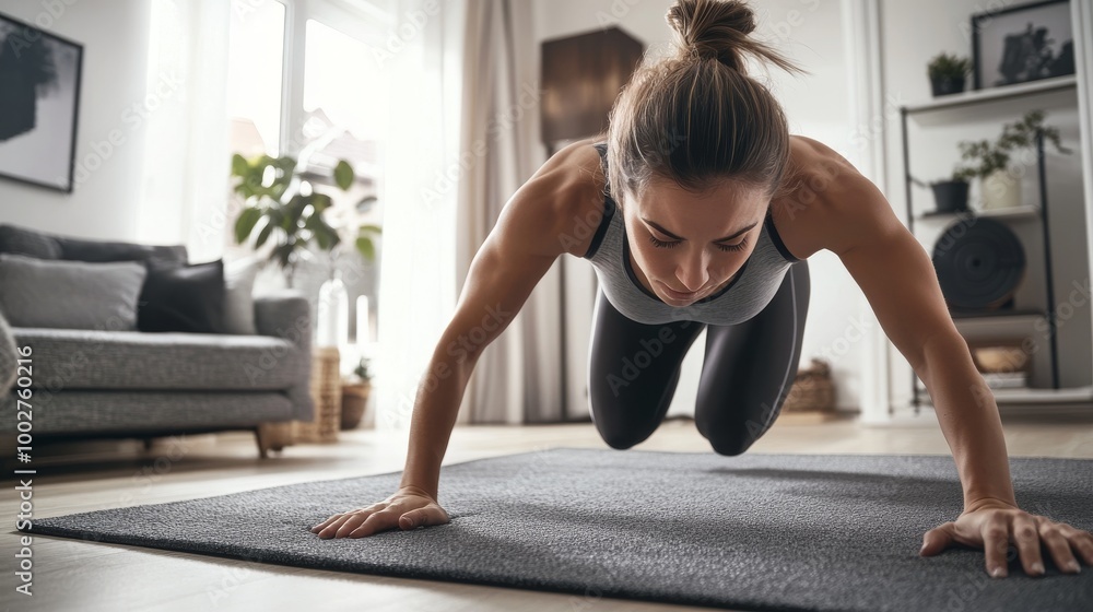 Fototapeta premium Photograph of a Beautiful Confident Strong Fitness Female in a Grey Athletic Outfit doing Mountain Climber Exercises in Her Bright and Spacious Apartment.