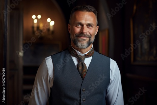 Portrait of a grinning man in his 40s dressed in a polished vest isolated on scandinavian-style interior background