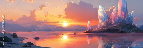 Enchanting Fantasy Landscape with Crystal Formations at Sunset Over a Serene Lake photo