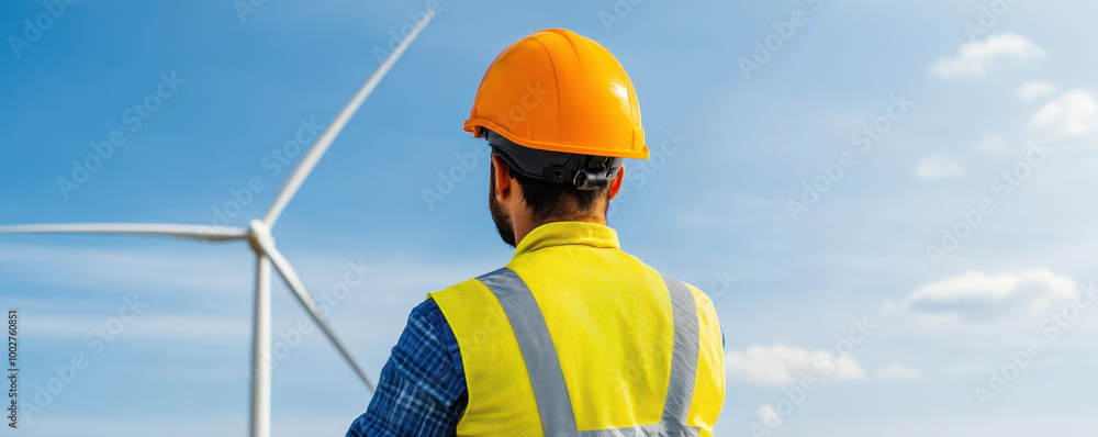 Worker in safety gear with wind turbine against blue sky, eco-friendly energy. Worker in safety gear with wind turbine against blue sky, eco-friendly energy.