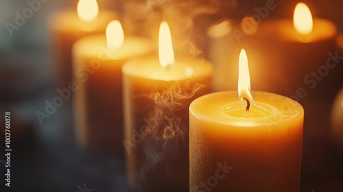 Close-up of burning candles with smoke.