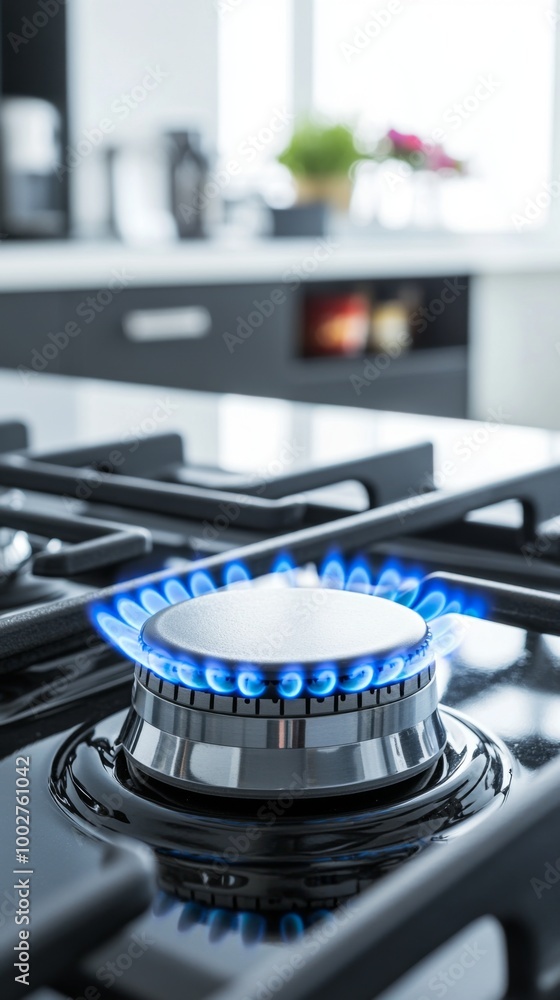 Gas stove burner with blue flame in modern kitchen background Gas stove burner with blue flame in modern kitchen background