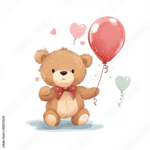 Illustration of a cute teddy bear with a red bow and a balloon in his paw on a white background