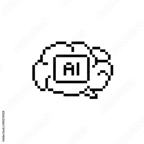 pixel ai brain icon. Vector pixel art artificial intelligence 8 bit logo for game