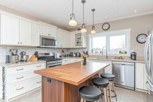 A luxury kitchen in white with a wooden island and wooden floor.