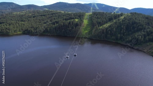 Aerial View of Gold Gondola Lift and Cabins Above Ribnicko Lake, Zlatibor Mountain, Serbia photo