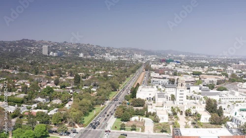 Aerial wide panning shot over Santa Monica Blvd. towards West Hollywood from Beverly Hills, California. 4K photo