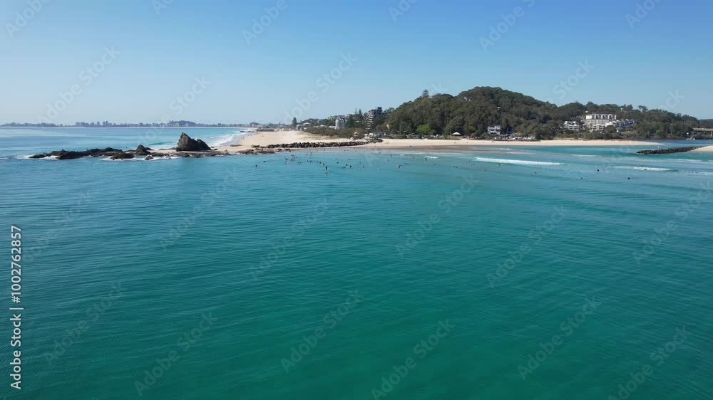 Surfing On The Beach Of Currumbin Alley Near Palm Beach In Gold Coast, Queensland, Australia. Aerial Drone Shot Surfing On The Beach Of Currumbin Alley Near Palm Beach In Gold Coast, Queensland, Australia. Aerial Drone Shot