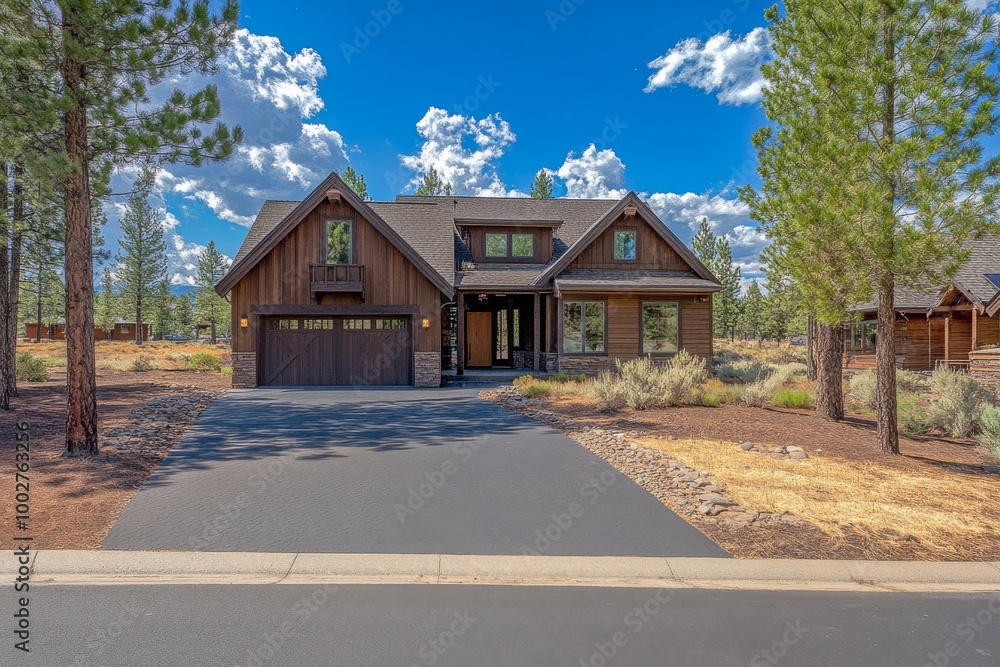 Exterior of a large American Northwest home with brown wood in the forest Exterior of a large American Northwest home with brown wood in the forest