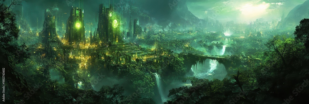Futuristic Cityscape Set on Top of an Ancient Jungle Ruin, with Glowing Skyscrapers Towering Over the Jungle Canopy, Illuminated by Neon Lights and Holograms. Fantasy Scenery Futuristic Cityscape Set on Top of an Ancient Jungle Ruin, with Glowing Skyscrapers Towering Over the Jungle Canopy, Illuminated by Neon Lights and Holograms. Fantasy Scenery