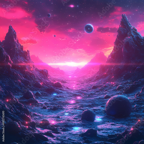 spacescape art: Asteroid Field in a Synthwave Style: A Spacescape Art Piece photo