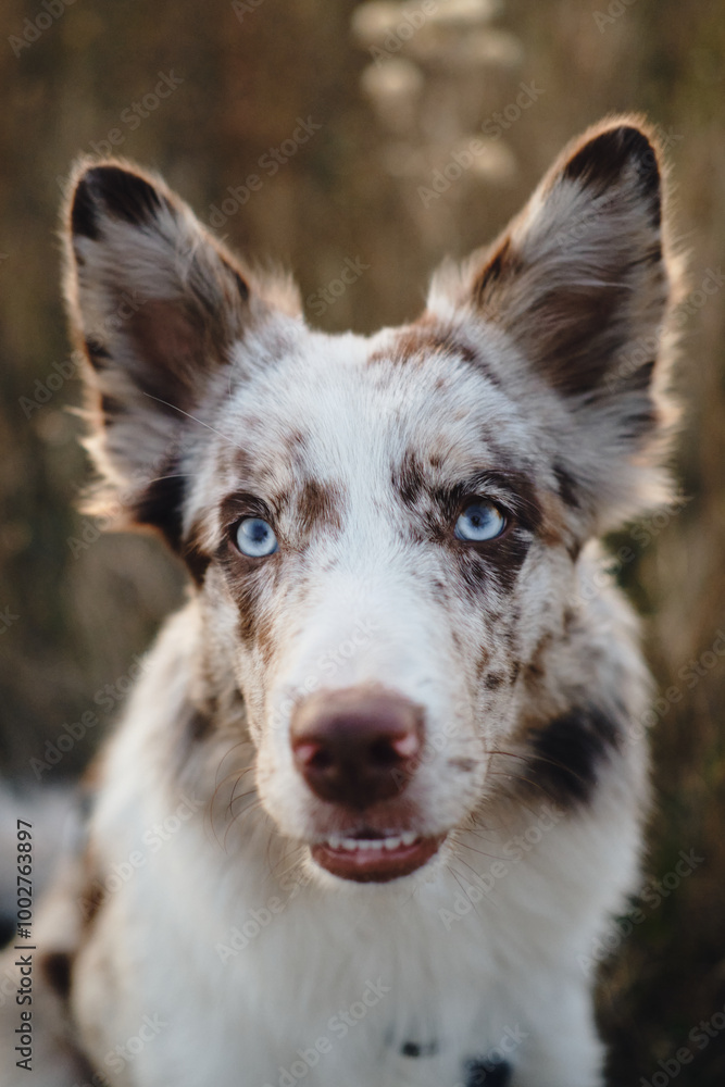 Cute spotted white and brown blue eyed border collie puppy is sitting in autumn field at sunset among dry grass. An adorable young dog is enjoying a walk. Close view portrait of happy puppy outside Cute spotted white and brown blue eyed border collie puppy is sitting in autumn field at sunset among dry grass. An adorable young dog is enjoying a walk. Close view portrait of happy puppy outside