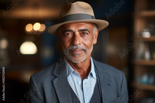 Portrait of a satisfied indian man in his 60s donning a classic fedora in front of scandinavian-style interior background